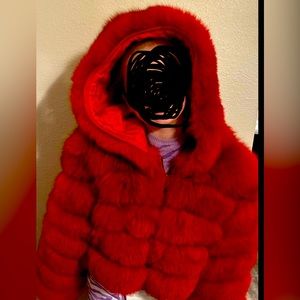 red real fox fur coat with hood really beautiful